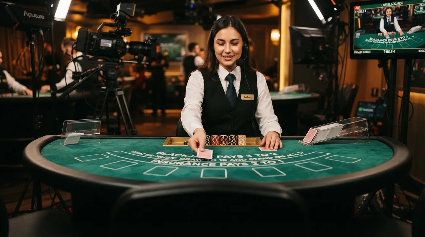 Stół do blackjacka w kasynie internetowym z krupierem prowadzącym rozdanie na żywo