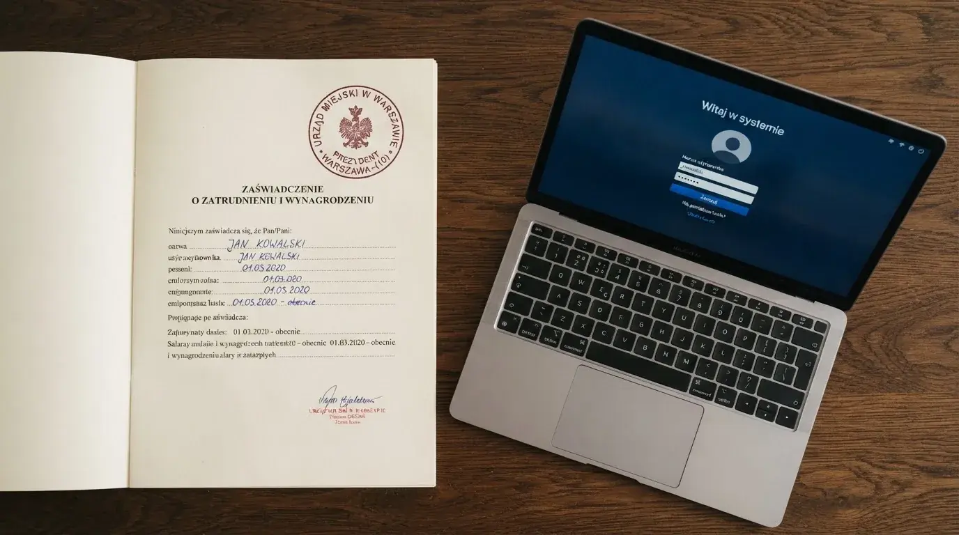 Zbliżenie na dokument z pieczęcią urzędową obok laptopa z ekranem logowania do konta gracza