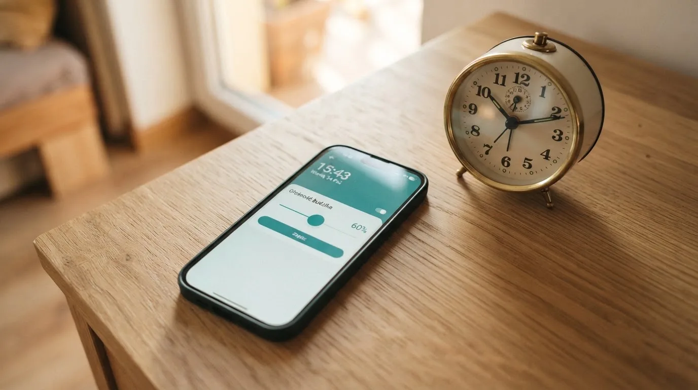 Smartfon leży na biurku z prostym ekranem suwaka limitu, obok stoi budzik